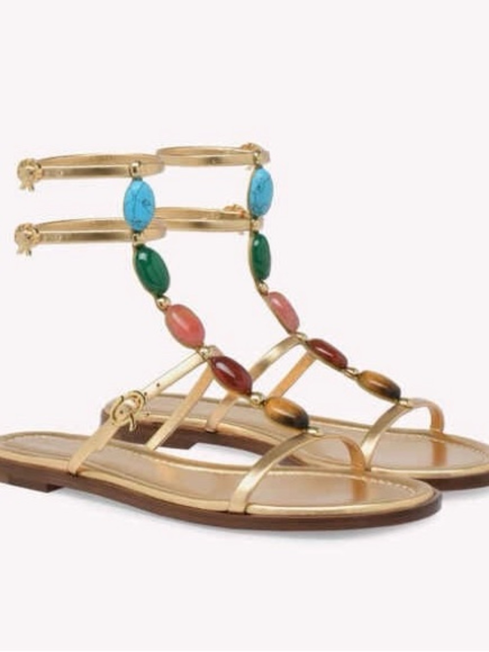 NEW Gianvito Rossi Gold Flat Sandals with Turquoise, Green and Coral Beads